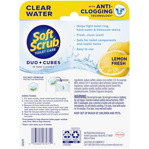 Soft Scrub In-Tank Toilet Cleaner Duo-Cubes, Lemon Fresh, Clear Water, 4 Ct, Cleans & Freshens, Helps Fight Toilet Ring, Hard Water & Limescale Stains - size: 4 Count (Pack of 1)