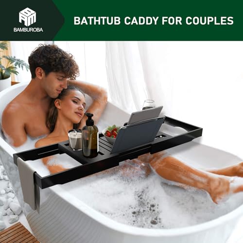Foldable Bamboo Bathtub Caddy Tray Expandable for Luxury Bath, Bath Accessories & Table with Wine Glass Holder, Book Stand Bathroom Organizer with Extending Sides for Men/Women,Black - color: Black Bamboo