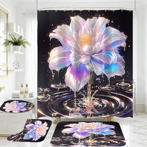 4 Piece Lotus Shower Curtain Set with Rugs, Luxury Iridescent Effect Flower & Crystal Water Ripple Bathroom Decor, Waterproof Fabric Curtain, Non-Slip Bath Mat & Toilet Lid Cover - color: Pink Purple