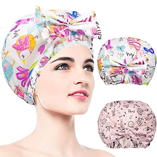 2 PCS Extra Large & Adjustable Shower Caps, Waterproof Bow Knot Hair Cap | Reusable & Double Layer Bathing Cap for Women, Waterproof Outer & EVA Lining, for Shower, Spa, Makeup, for All Hair Lengths - color: 2-2pcs-Light