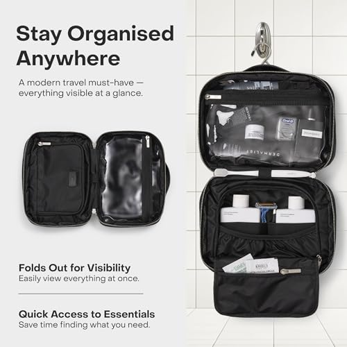 July Hanging Toiletry Bag with Hidden Hook, Clear & Leak-Resistant PVC Pocket, Toothbrush Tab, Water-Resistant Nylon and Leather Trims - Travel Essentials Bag, Bathroom Travel Organizer - Black - color: Black