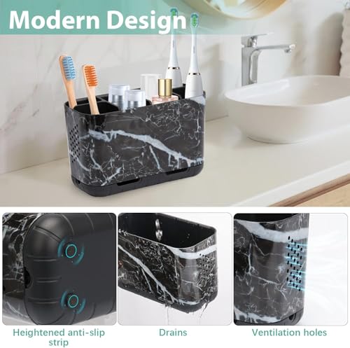 Boperzi Black Toothbrush Holder for Bathroom Toothpaste Organizer Countertop, Detachable Anti-Slip Marble Toothpaste Storage Caddy 6 Slots with Drainage Holes for Makeup Brush Razor Stand - color: Black Marble Color