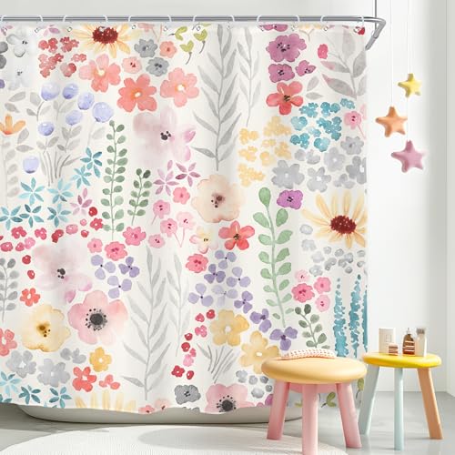 Riyidecor Floral Flower Cute Colorful Shower Curtain for Bathroom Decor 72Wx78H Extra Long Multicolor Plants Botanical Pink Art Printed Fabric Polyester Waterproof 12 Pack Plastic Hooks - color: A-pink, size: 72"W x 78"L (Pack of 1)
