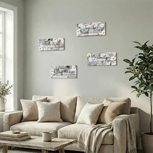 4Pcs Farmhouse Daisy Wooden Wall Art Decor for Living Room Rustic Wood Signs Set Daisy Flower Kitchen Wall Art Together Bless This Home Wooden Plaque Sign for Entryway Bedroom & Housewarming - style: Farmhouse Daisy