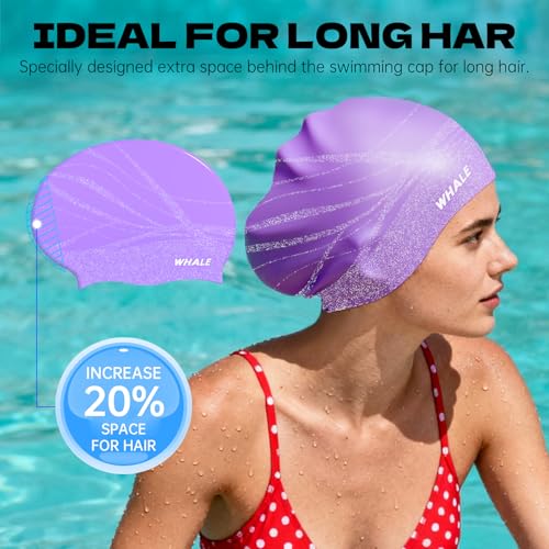 WHALE Extra Large Swim Cap Designed for Men and Women with Thick, Long Hair, Hair Extensions Or Afro-Textured Hair Long-Hair Swim Cap Highly Waterproof to Keep Hair Dry - color: Light purple
