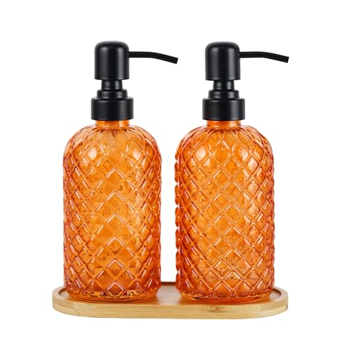 12Oz Glass Soap Dispenser with 304 Black Rustproof Stainless-Steel Pump, Refillable Glass Soap Dispenser for Kitchen, Bathroom, Farmhouse (2pack& Tray) - color: Orange-2pack& Tray