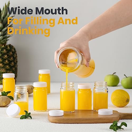 LANDNEOO 15 Pack 2 oz Glass Shot Bottles w/White Lids & 15 Labels - Small Clear Jar for Ginger, Wellness Shot, Juice, Sample, Whiskey - Travel Mini Bottles - Wide Mouth, Leakproof, Dishwasher Safe - color: White Lids, size: 2oz-15 pack