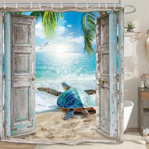 Turtle Ocean Sea Shower Curtain 60Wx72L Inch Beach Coastal Landscape Scene Barn Door Summer Bathroom Set Accessories Decor with 12 Pack Hooks - color: Teal Turtle, size: 60"W x 72"L (Pack of 1)