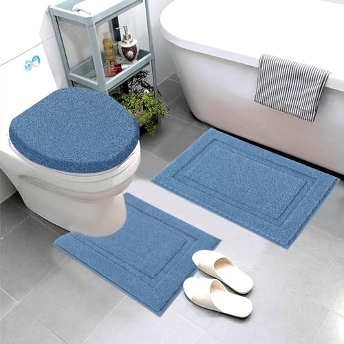 SHACOS Bathroom Rugs Sets 3 Piece with Toilet Lid Cover | 20"x32"Bath Mat and 20"x24" U-Shape Contoured Toilet Mat Machine Washable Shaggy Absorbent Bath Rugs(Blue) - color: Blue, size: 20"x32"+U-Shape 20"x24"+Lid Cover 19"x21"
