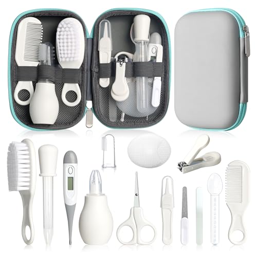 Baby Grooming Kit, Infant Safety Care Set with Hair Brush Comb Nail Clipper Nasal Aspirator,Baby Essentials Kit for Newborn Girls Boys (Grey White) - style: Grey White Grooming Kit