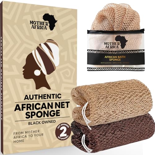 MOTHER AFRICA African Net Sponge Authentic with Knots 2 Pack Black Owned Exfoliating Body Scrubber Bath Sponge for Shower Washcloth Loofah Gentle Deep Cleansing Back Scrubber Face & Body Men & Woman - color: Dark Brown & Linen Tan