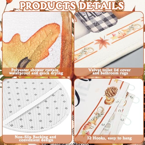 FuWeave 8 Pcs Fall Shower Curtain Set for Bathroom Include Harvest Autumn Hello Fall Gnome Shower Curtain Towels Non Slip Rugs Toilet Lid Cover Pumpkin Bath Mat and 12 Hooks for Bathroom Decor - color: Gnome