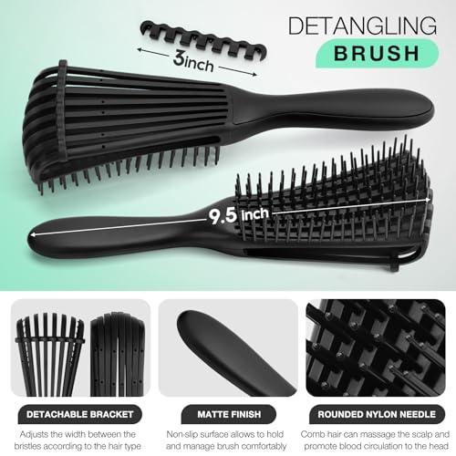Hommtina 4pcs Detangling Brush Set for Curly 3/4abc Hair - No Pain Detangler, Anti-Static 9 Row Brush, Wide Tooth Comb & Spray Bottle for Women Men Wet Dry Hair (3 PCS, Black+Black) - color: Black+Black, size: 3 PCS