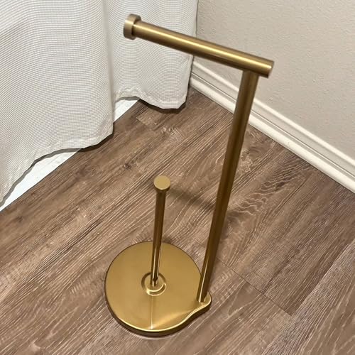 theaoo Heavy-Duty Toilet Paper Holder Stand – Modern Freestanding Bathroom Toilet Tissue Paper Roll Holder with Reserve & Storage, Stainless Steel (Brushed Gold, Free Standing) - color: Brushed Gold