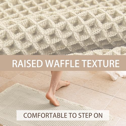 Waffle Bath Mat Non Slip, Boho Bathroom Rug, Super Absorbent Quick Dry Bathroom Mat, Soft Farmhouse Bath Rug with Tassels, Small Washable Shower Mats for Floor 20"x32", Square Cream - color: Square Cream, size: 1'8" x 2'8" (Rectangular)