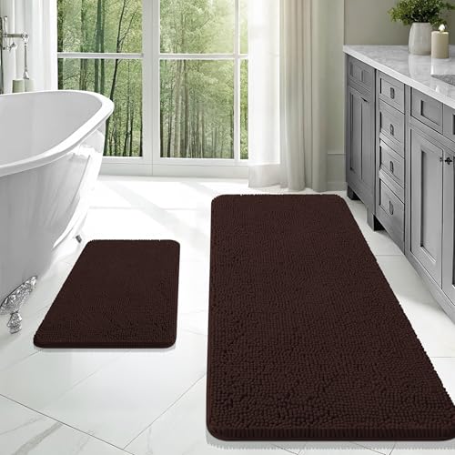OLANLY Bathroom Rugs Sets 2 Piece, Soft Absorbent Chenille Bath Mats Area Rug Set, Non-Slip, Quick Dry, Machine Washable Bath Mats for Bathroom, Home Decor Accessories (47"x20"+24"x16", Brown) - color: Brown, size: 47" X 20" + 24" X 16"