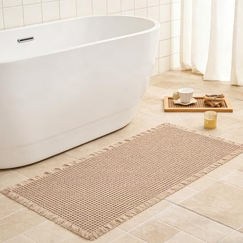 Waffle Bath Mat Non Slip, Boho Bathroom Rug, Super Absorbent Quick Dry Bathroom Mat, Soft Farmhouse Bath Rug with Tassels, Small Washable Shower Mats for Floor 24"x36", Brown - color: Brown, size: 2' x 3' (Rectangular)
