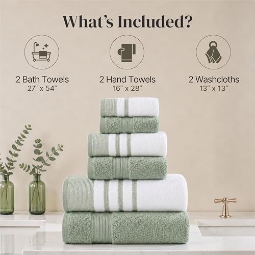 Modern Threads 6-Piece Towel Set – 100% Cotton, Quick Dry, Ultra Absorbent – Includes 2 Bath, 2 Hand, 2 Washcloths (White/Reinhart Sage) - color: Green, style: Classic Stripe