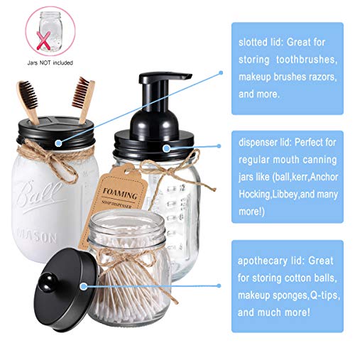 Mason Jar Bathroom Accessories Set(4pcs)- Jars Not Included - Foaming Soap Dispenser,Toothbrush Holder, and Apothecary Storage Jars Lids -Rustic Farmhouse Decor,Black - color: Black, size: 4 Regular Mouth
