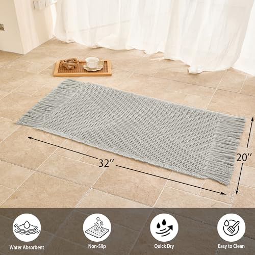 Waffle Bath Mat Non Slip, Boho Bathroom Rug, Super Absorbent Quick Dry Bathroom Mat, Soft Farmhouse Bath Rug with Tassels, Small Washable Shower Mats for Floor 20"x32", Tassels Light Grey - color: Tassels Light Grey, size: 1'8" x 2'8" (Rectangular)