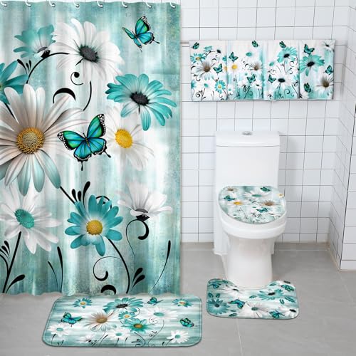 FuWeave 8 Pcs Rustic Farmhouse Shower Curtain Sets for Bathroom Daisy Floral and Butterfly Shower Curtain Sets with Rugs, Flowers Towels, Non-Slip Rug, Toilet Lid Cover, Bath Mat and 12 Hooks(Teal) - color: Daisy