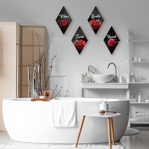 ONIZHITY Set of 4 Red Bathroom Decor Rose Wooden Wall Decor Flower Rustic Romantic Floral Farmhouse Wall Decor Modern Breathe Soak Unwind Relax Signs Red Decor for Room Kitchen Bathroom (12 x 7) - color: Red Rose