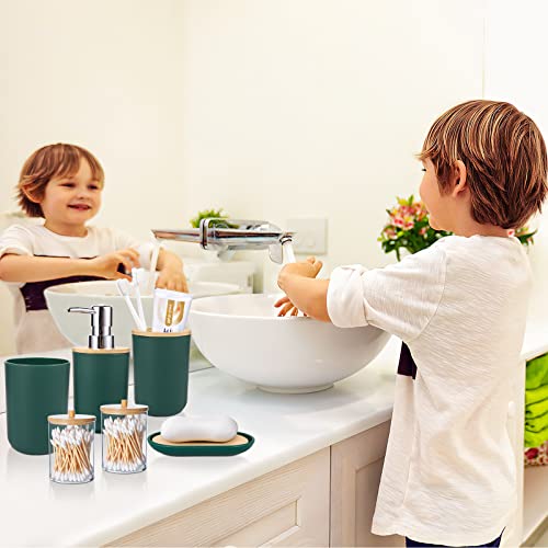 SLDIYWOW 9-Piece Dark Green Bathroom Accessories Set with Trash Can, Tray, Soap Dispenser, Toothbrush Holder, Toothbrush Cup, Soap Dish, Toilet Brush and Q-tip Holders for Bathroom/Housewarming - color: Dark Green