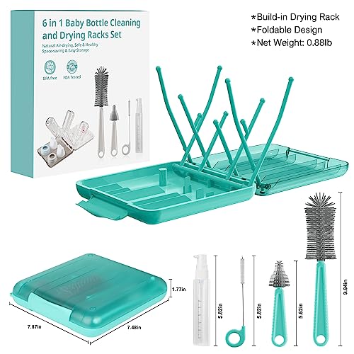 YomauiYee 6 in 1 Bottle Brush Set,Bottle Cleaner Brush Kit with Bottle Brush,Drying Rack,Nipple Brush,Straw Brush,Soap Dispenser&Storage Box,Portable Baby Essentials for Home&Travel - color: Tiffany Blue