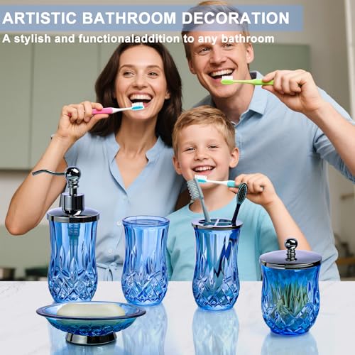 Bathroom Accessories Set,5 Pcs Blue Glass Bathroom Accessory Set,Complete Lotion Soap Dispenser,Toothbrush Holder,Soap Dish,Tumbler & Jar,Modern Bathroom Decor Sets Gift,Round - style: Round(Blue)