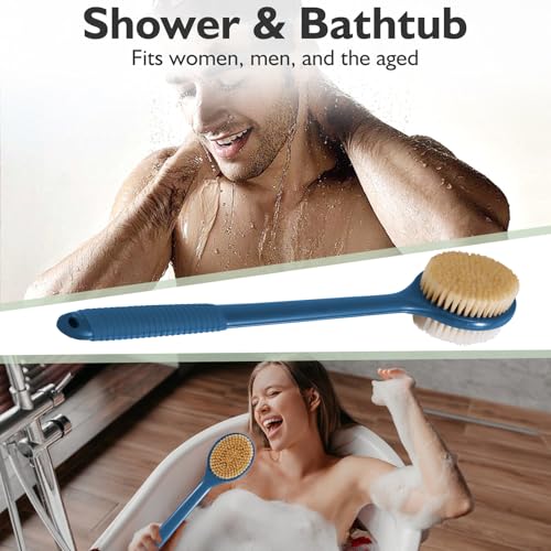 VANZAVANZU 17 Inch Anti-Slip Long Handle Back Scrubber for Shower – Dual-Sided Shower Brush and Shower Back Scrubber with Soft and Stiff Bristles for Wet or Dry Brushing (Navy Blue) - size: 17 in - Navy Blue