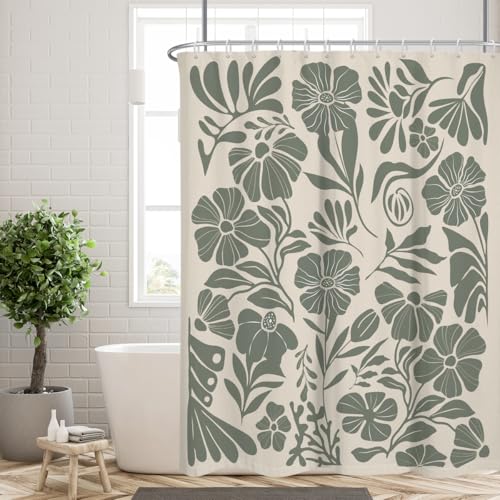 Sage Green Boho Floral Shower Curtain, Botanical Leaf Flower Pattern for Modern Farmhouse Bathroom Decor, 60x72 inch Polyester, 12 Hooks - color: Green, size: 60"W x 72"L (Pack of 1)