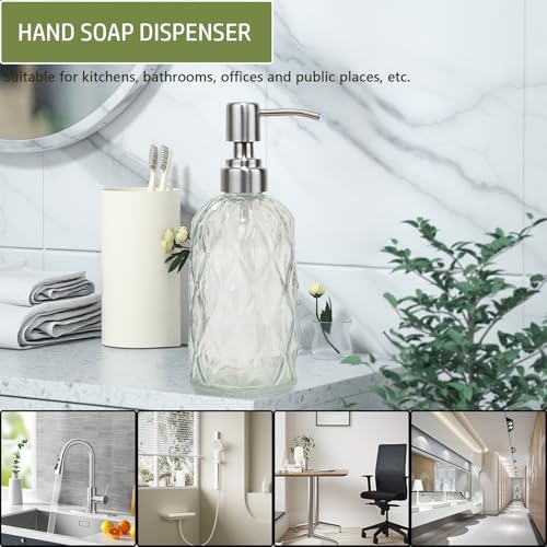 12Oz Clear Glass Soap Dispenser with Stainless Steel Pump, Diamond Design Refillable Kitchen Liquid Hand Soap Dispenser, for Dispense Hand soap, Dish Soap, Lotion, Bathroom, Countertop, Hotel - color: Clear a
