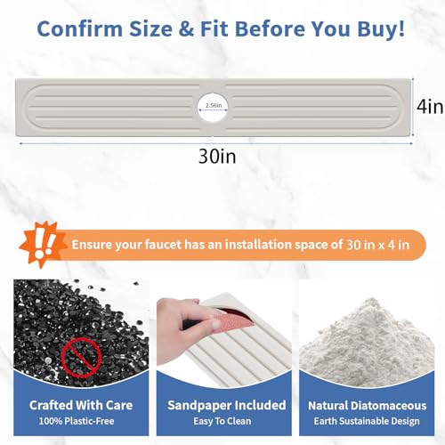Faucet Mat for Kitchen Sink, Water Absorbent Kitchen Faucet Mat, Durable Sink Splash Guard with Raised Feet, Diatomite Fast Drying Kitchen Sink Faucet Mat, Bathroom Stone Drying Tray for Counter - color: White Gray Style 1, size: 30" x 4"
