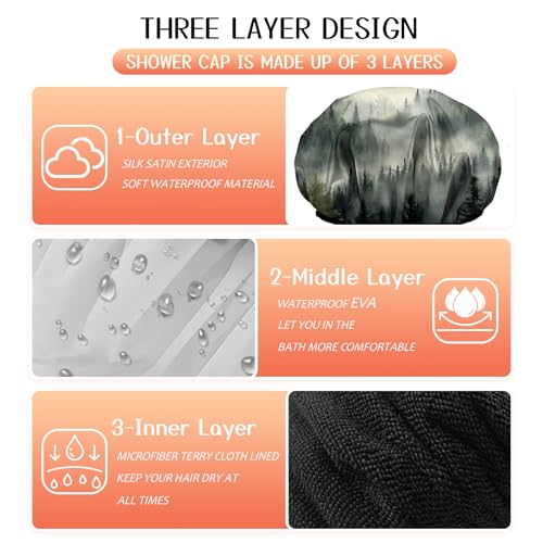 Luxury Shower Cap Terry Lined Reusable Triple Layer Waterproof Hair Elastic Caps Shower Bath Hat for Women Girls Cute Aesthetic-Cloud Forest - color: AL15-Cloud Forest