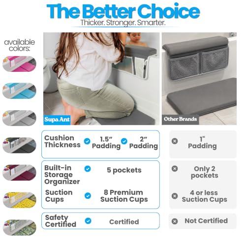 Bath Kneeler –8 Suction Cups & 1.5" Padding.Certified Non Toxic Bath Kneeling Pad for Bath Tub & 5 Bath Toy Organizer. Fast Dry Baby Bath Kneeler and Elbow Rest Pad Set by Supa Ant - Grey - color: Grey With White Pockets