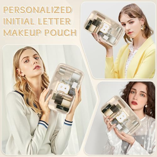 Initial Clear Makeup Bag, Birthday Gift Preppy Chenille Patch Cosmetic Bag, Initial Travel Essentials Beach Toiletry Pouch, Ideal Gift for Teachers & Moms, Women and Girls (Beige, B) - color: Beige, style: B