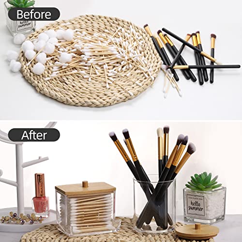 Tbestmax Qtips Holder Bathroom Container, 10/7 OZ Cotton Ball/Swabs Dispenser, Apothecary Jar Organizer for Storage Wood Lids - color: Group A-Beige Wood