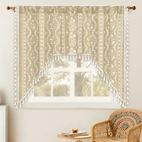 Yinhua Boho Swag Valance Curtains Vintage Linen Valances for Windows Light Filtering Floral Kitchen Valance Rod Pocket Farmhouse Rustic Tassel Window Valances for Bathroom Cafe, 60" W x 36" L, Natural - color: Natural, size: 60"W x 36"L (Pack of 1)