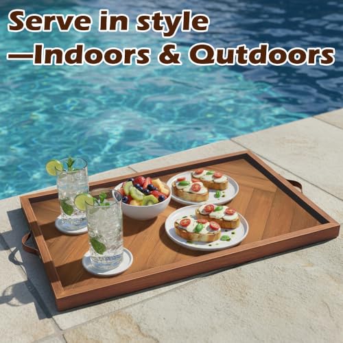 Extra Large Ottoman Tray Rectangle, 32.5"x18.5" Wooden Ottoman Trays with Leather Handles, Rustic Decorative Storage Tray for Ottoman - size: 32.5" x 18.5" x 1.5"