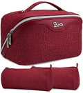 BOYATU Travel Makeup Bags Cosmetic Organizer Bag: 3 Pcs Set Large Capacity Make up Bag with Compartments - Waterproof Leather Toiletry Bags with Handle for Women (A-Red) - color: A-Red