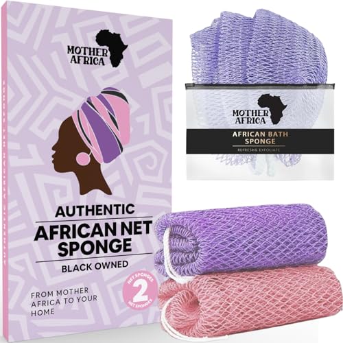 MOTHER AFRICA African Net Sponge Authentic with Knots 2 Pack Black Owned Exfoliating Body Scrubber Bath Sponge for Shower Washcloth Loofah Gentle Deep Cleansing Back Scrubber Face & Body Men & Woman - color: Lavender & Coral Pink