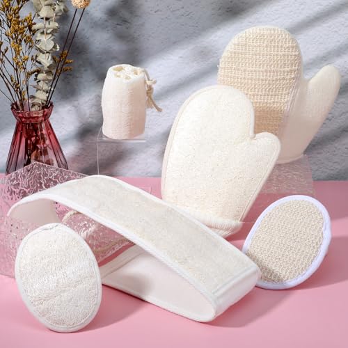 Natural Loofah Sponge Set, 6-Pack Exfoliating Body Scrubber Pads & Back Scrubber & Glove Luffa Sponge Pads, White for Men and Women