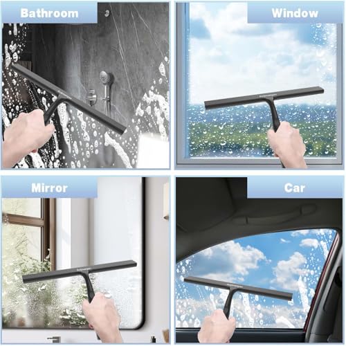 Shower Squeegee for Glass Doors, 10 in Bathroom Squeegee with Adhesive Hook | Ergonomic Glass Squeegee for Tile Shower Walls, Floor, Window, Car Cleaning - Streak-Free & No-Squeak, Silicone Squeegee Tool - color: Matte Black