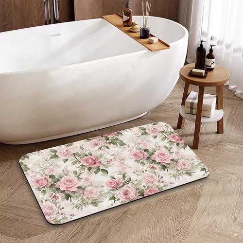 Shabby Chic Flower Bathroom Rug, Rapid Dry Absorbent with Non-Slip Rubber Base Bath Mats for Bathroom 17"x30" - color: Shabby Chic Flower