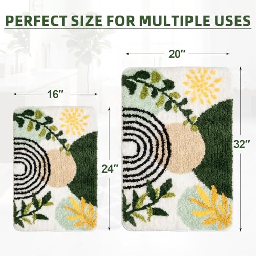 Arttown Boho Abstract Gold Plant Bathroom Rug Set 2 Piece Fluffy Microfiber Non-Slip Water Absorbent Bath Mat Soft Washable Floor Rug for Tub Showers Laundry Room Decor (16"x24"+20"x32") - color: Boho Plant 2
