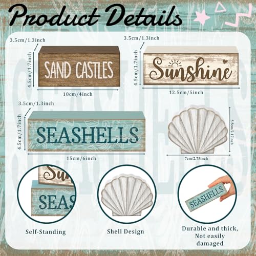 Yuntau 4 Pcs Summer Decorations for Home Beach Shells Wooden Tabletop Decor Summer Tiered Tray Decor Rustic Sand Castles Sunshine Seashells Block Sign Centerpiece Farmhouse Table for Shelf Office - style: Shells