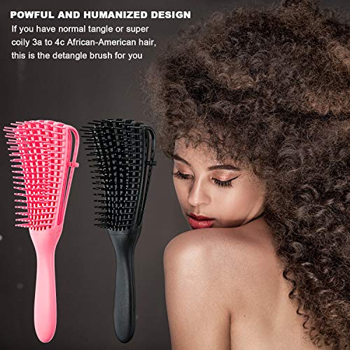 2 Pieces Detangling Brush for Afro America/African Hair Textured 3a to 4c Kinky Wavy/Curly/Coily/Wet/Dry/Oil/Thick/Long Hair, Knots Detangler Easy to Clean (Black, Pink) - color: Black, Pink