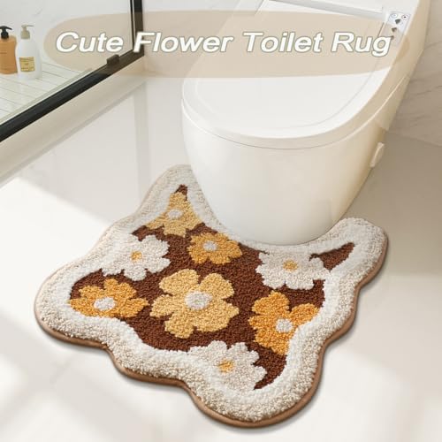 PTAEXCEL Floral U-Shaped Toilet Rug, Non-Slip Bath Mat Soft Plush Contour Bathroom Rug, Absorbent Microfiber Machine Washable for Toilet Base, 22 x 20 Inches Brown - color: Brown 22x20"