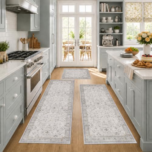 JTJ 3 Piece Kitchen Rug Set with Runner, Vintage Distressed Washable Kitchen Mats, Non Slip Low Pile Floor Rugs for Sink Area, Farmhouse Entryway, Laundry Room & Hallway, Light Grey Beige - color: Light Gray / Sage