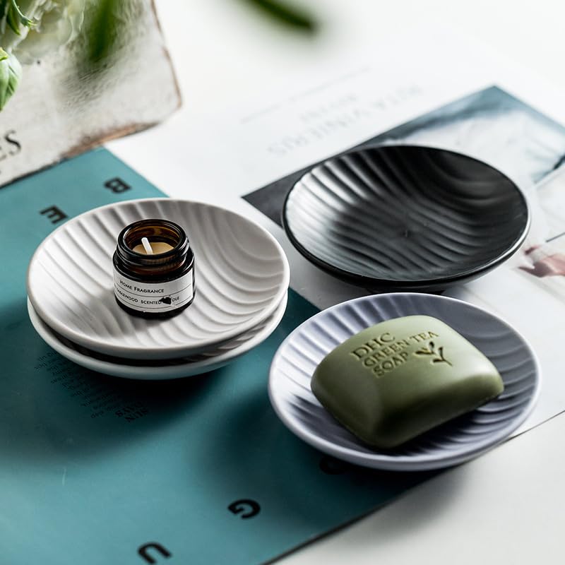 Chic Round Soap Dish, Modern Minimalist Striped Design Ceramic Tray(Oatmeal) - color: Oatmeal